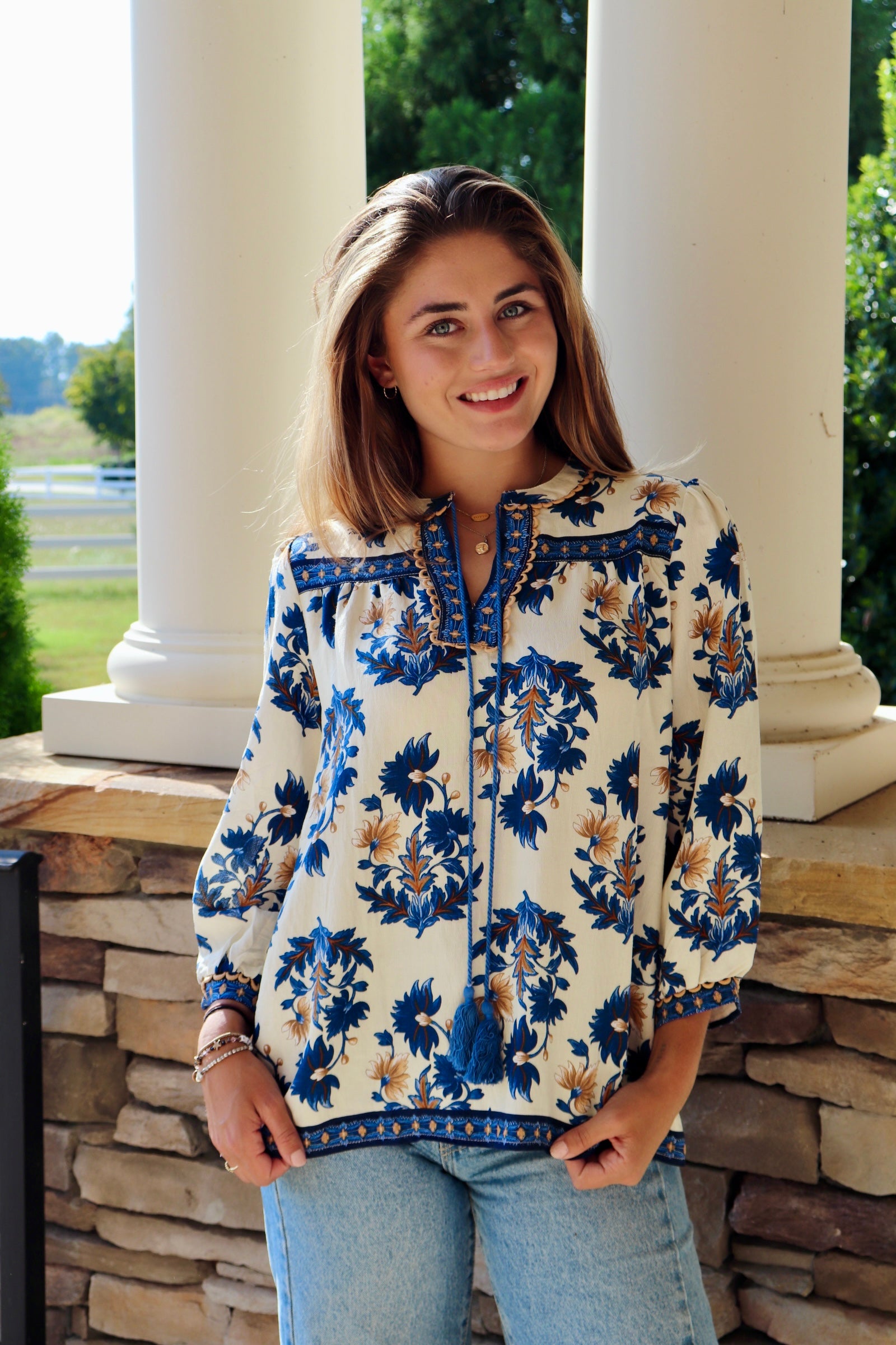 Blue & Taupe Floral Fall Print 3/4 Sleeve Blouse with tassels