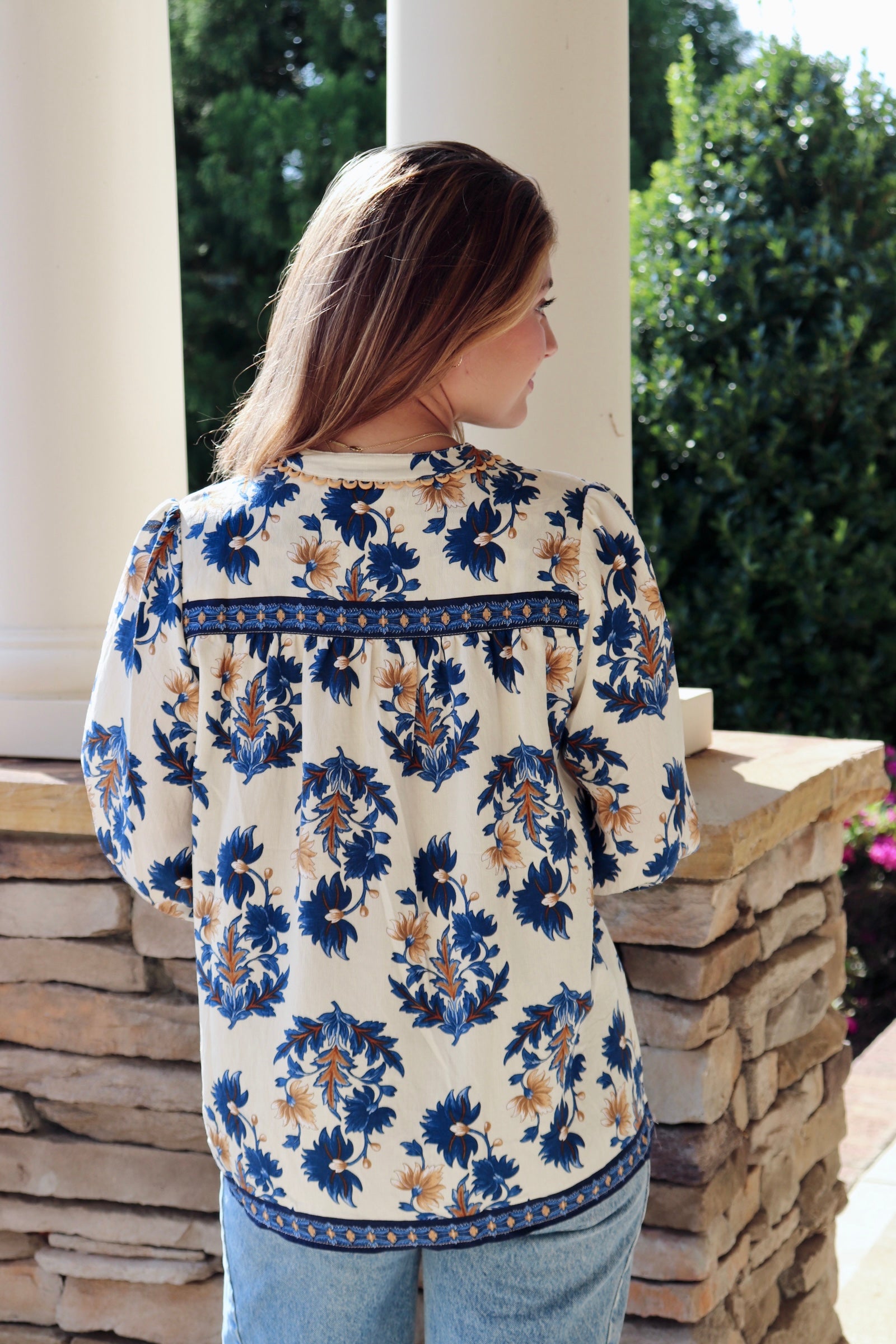 Blue & Taupe Floral Fall Print 3/4 Sleeve Blouse with tassels
