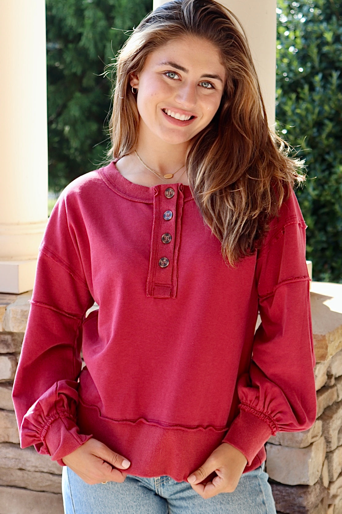 Garnet Washed Fabric Henley Sweatshirt