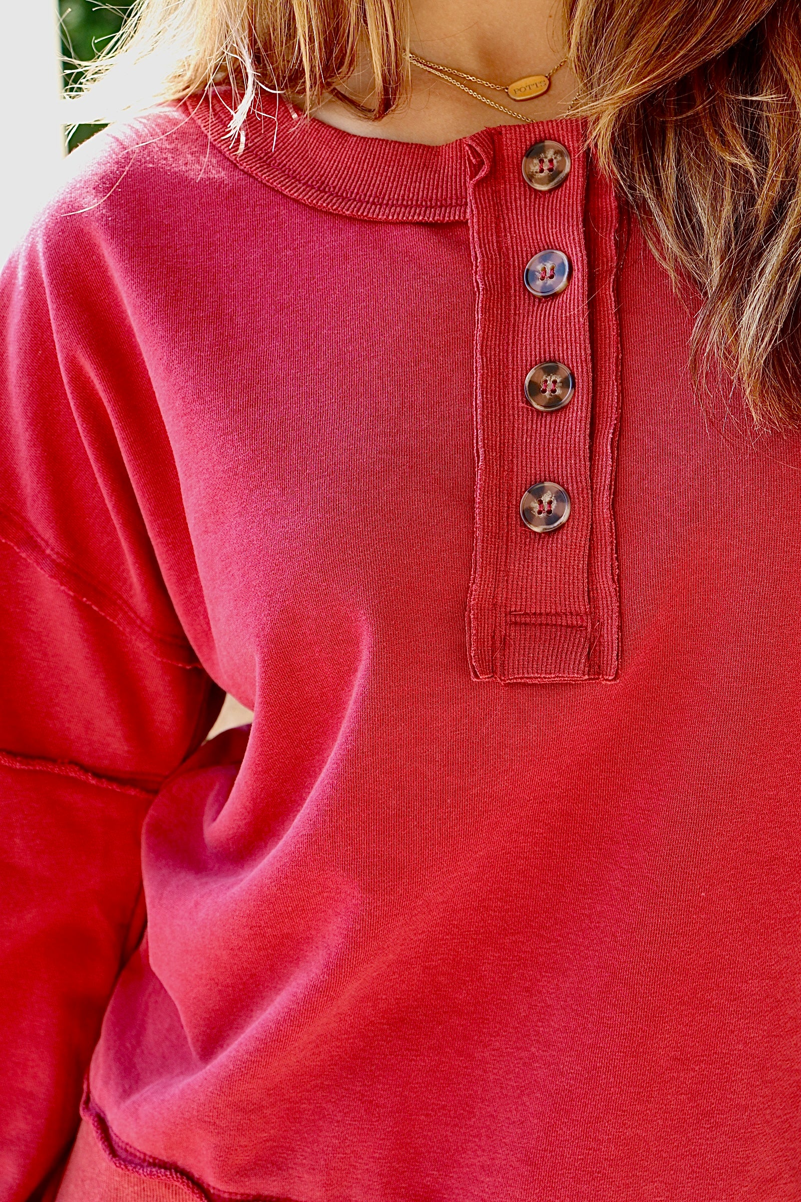 Garnet Washed Fabric Henley Sweatshirt