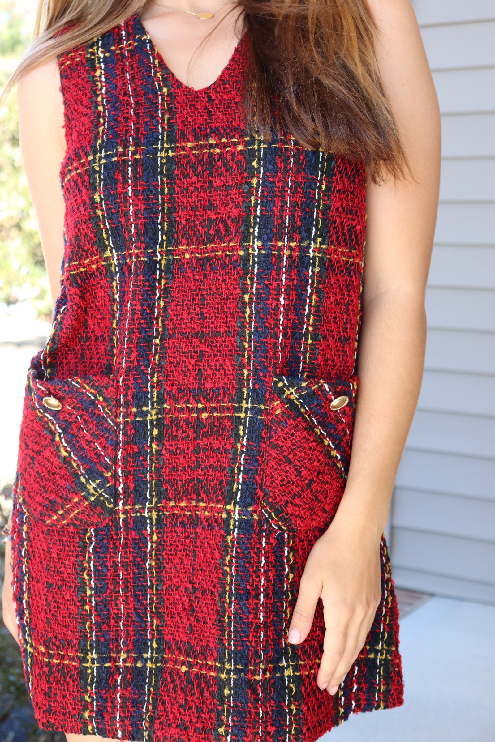 Sleeveless Tweed Red Plaid Dress