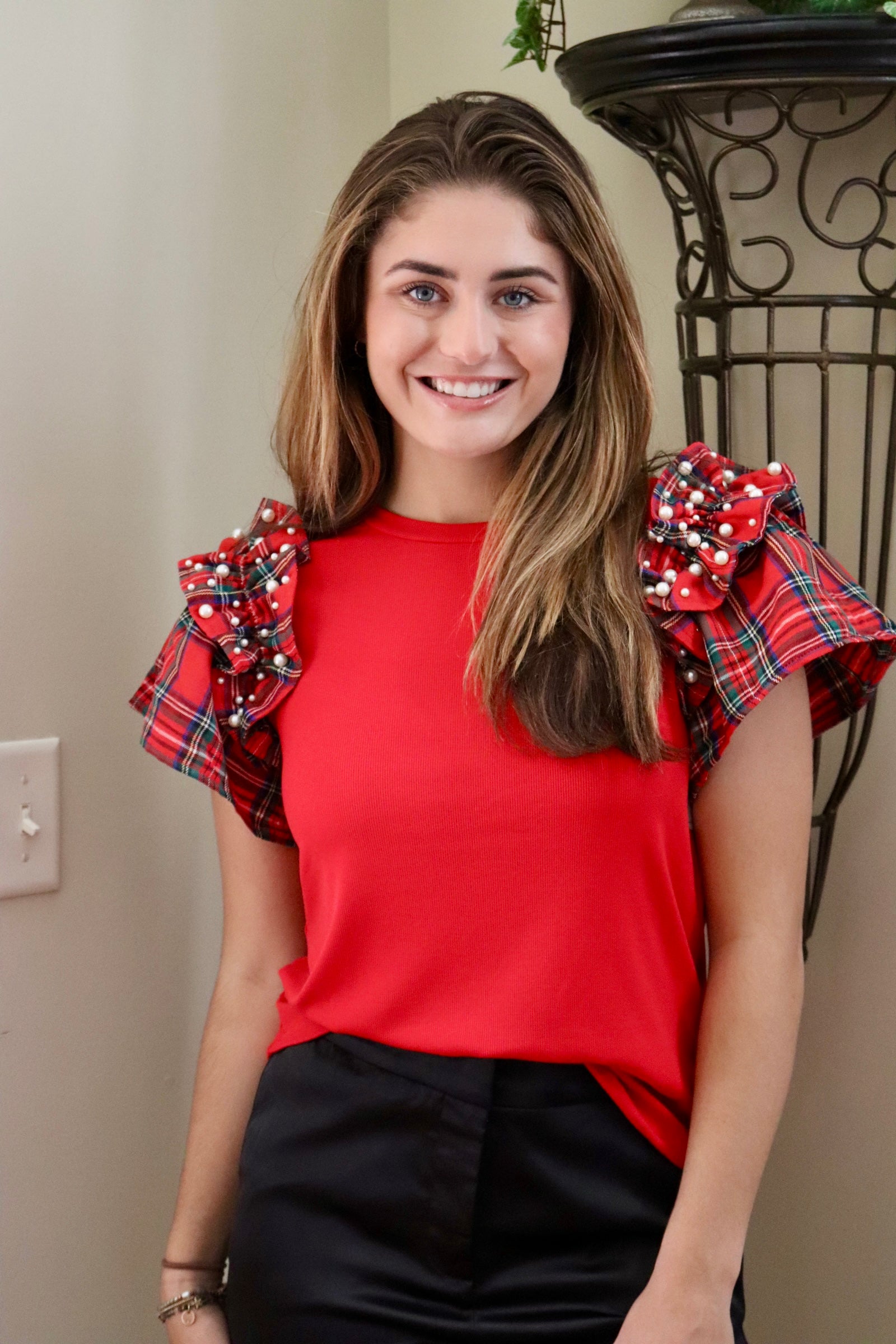 Red Plaid Pearl Ruffle Shoulder Top