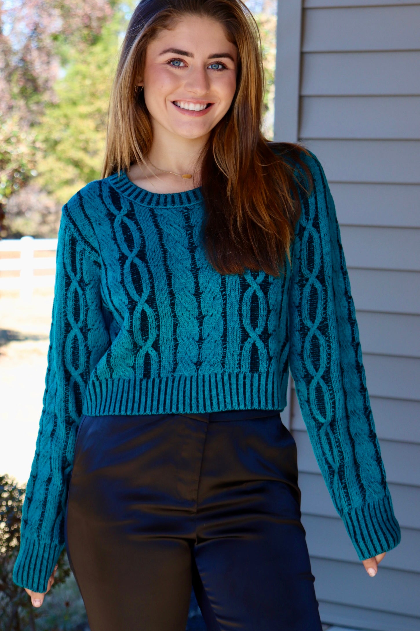 Teal Cable Knit Cropped Sweater