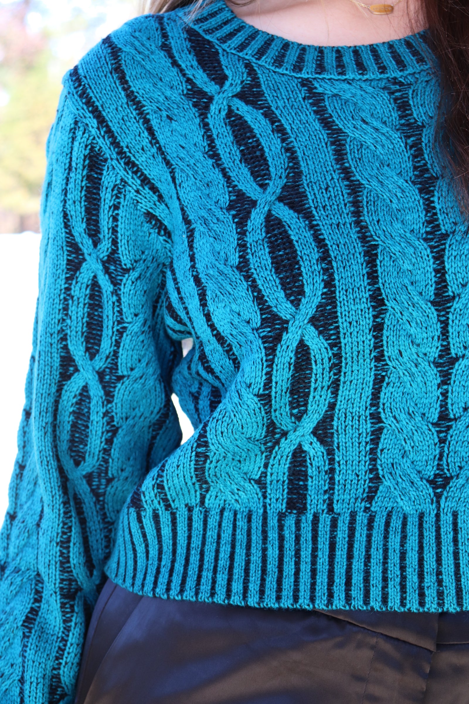 Teal Cable Knit Cropped Sweater