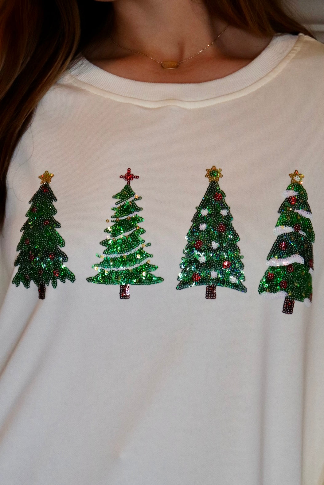Cream sweatshirt with Green Sequin Christmas Trees