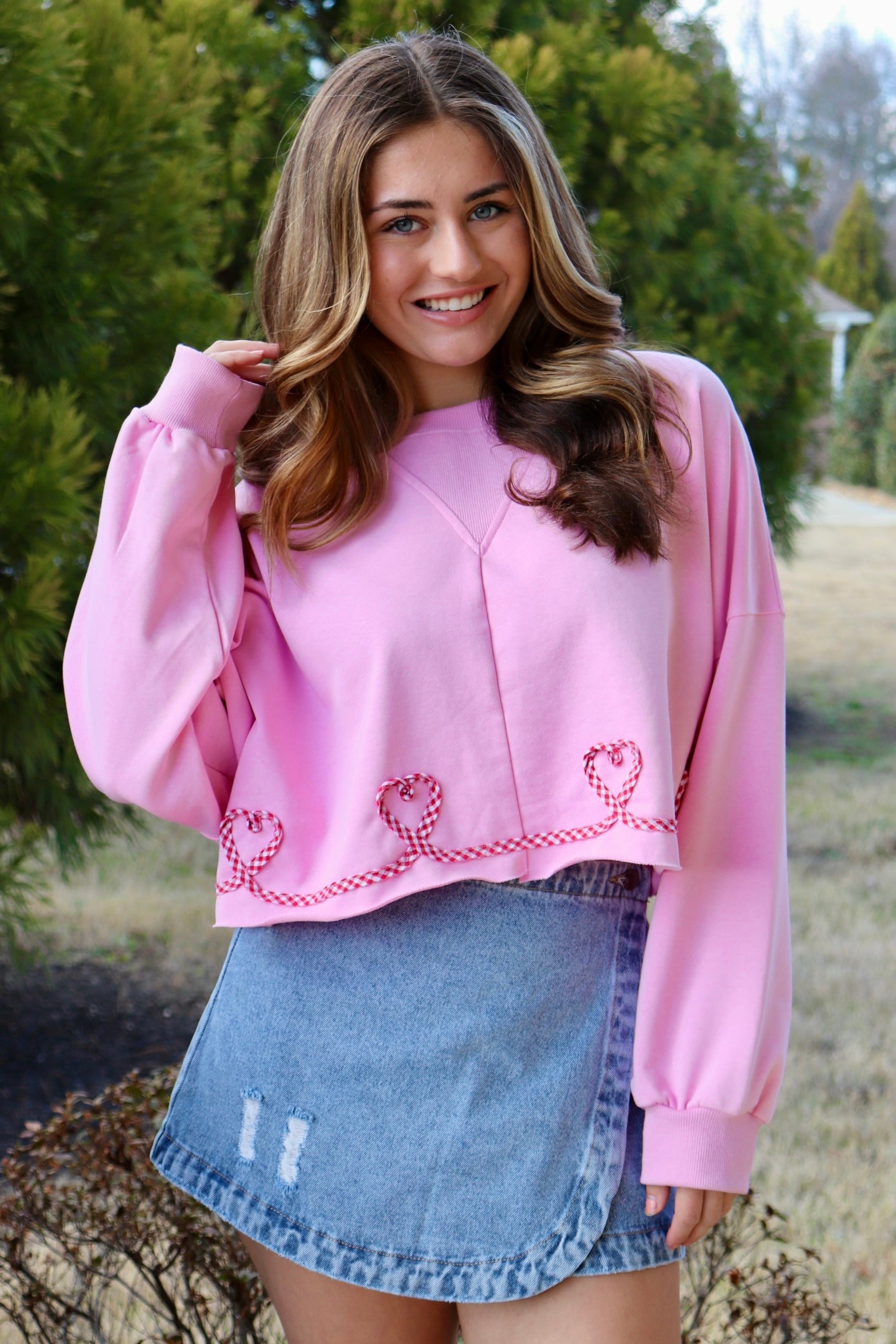 Pink Pullover with Gingham Heart ribbon design