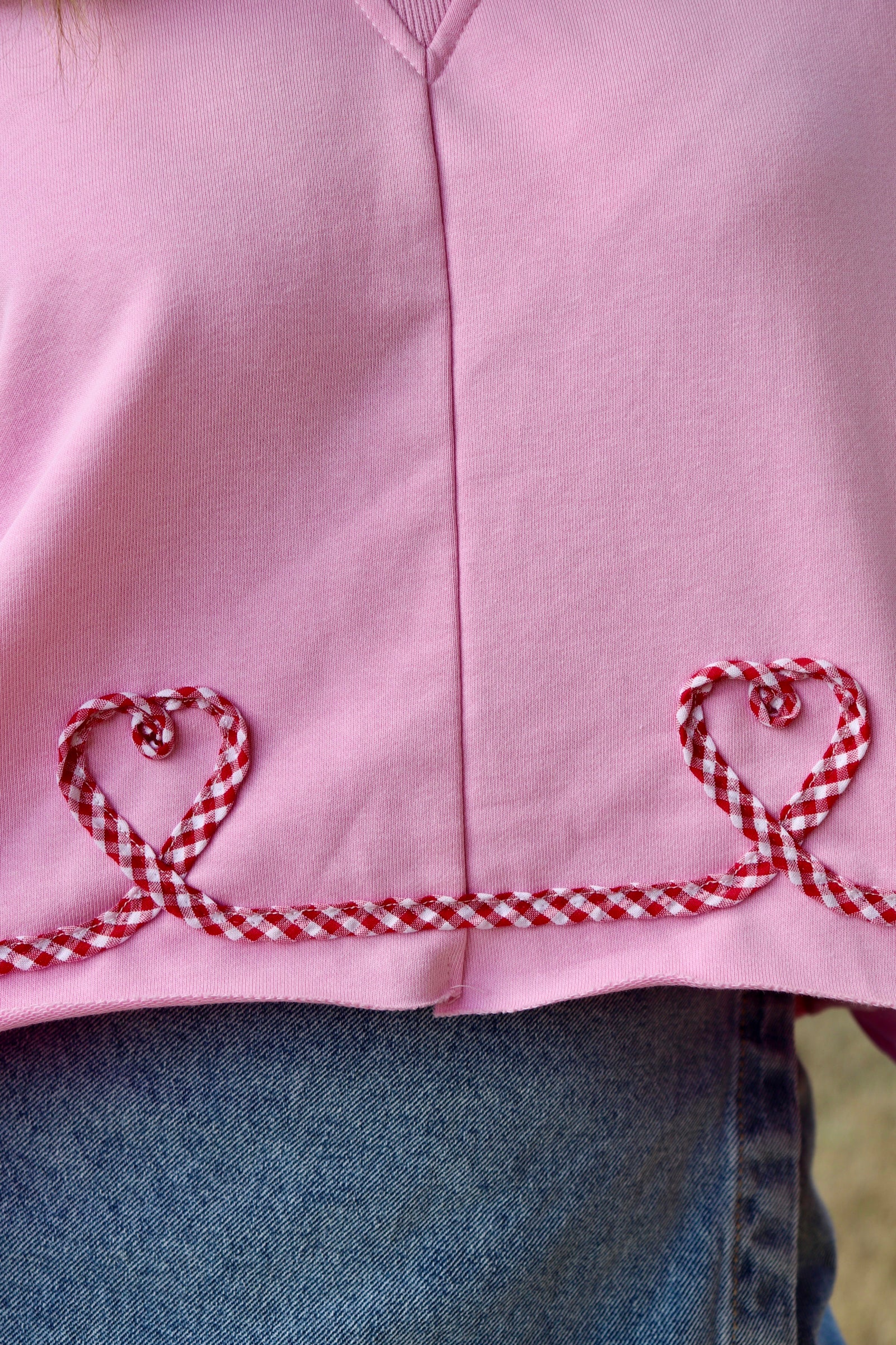 Pink Pullover with Gingham Heart ribbon design