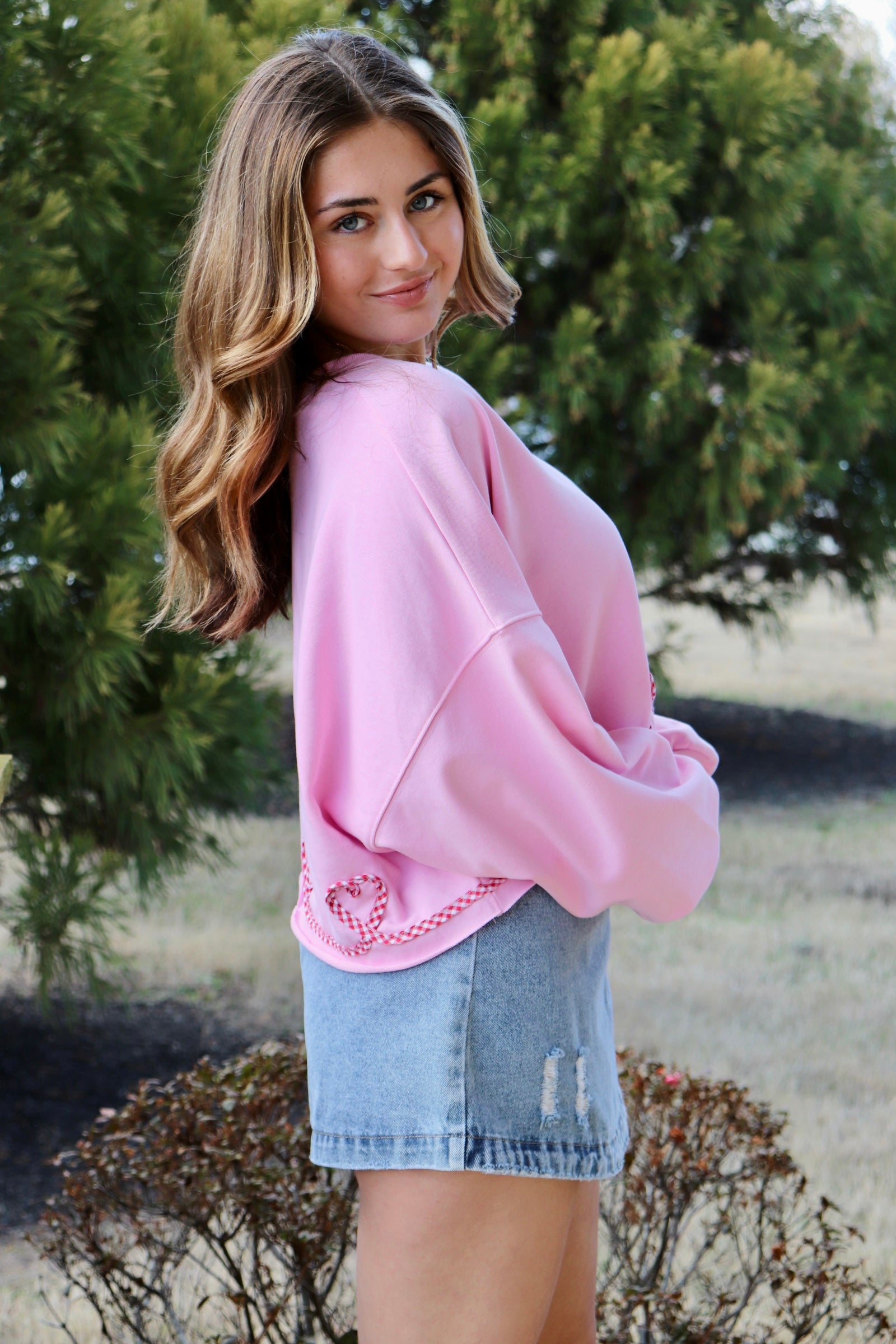 Pink Pullover with Gingham Heart ribbon design