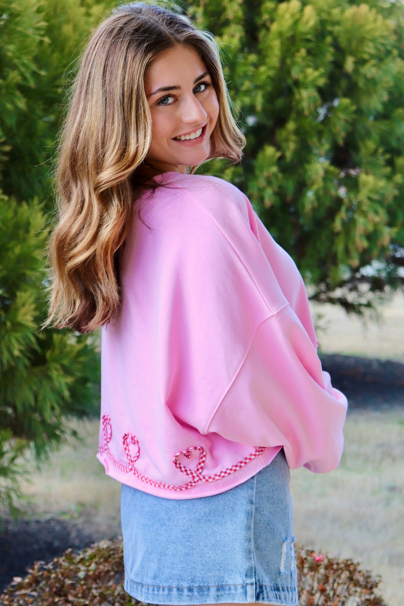 Pink Pullover with Gingham Heart ribbon design