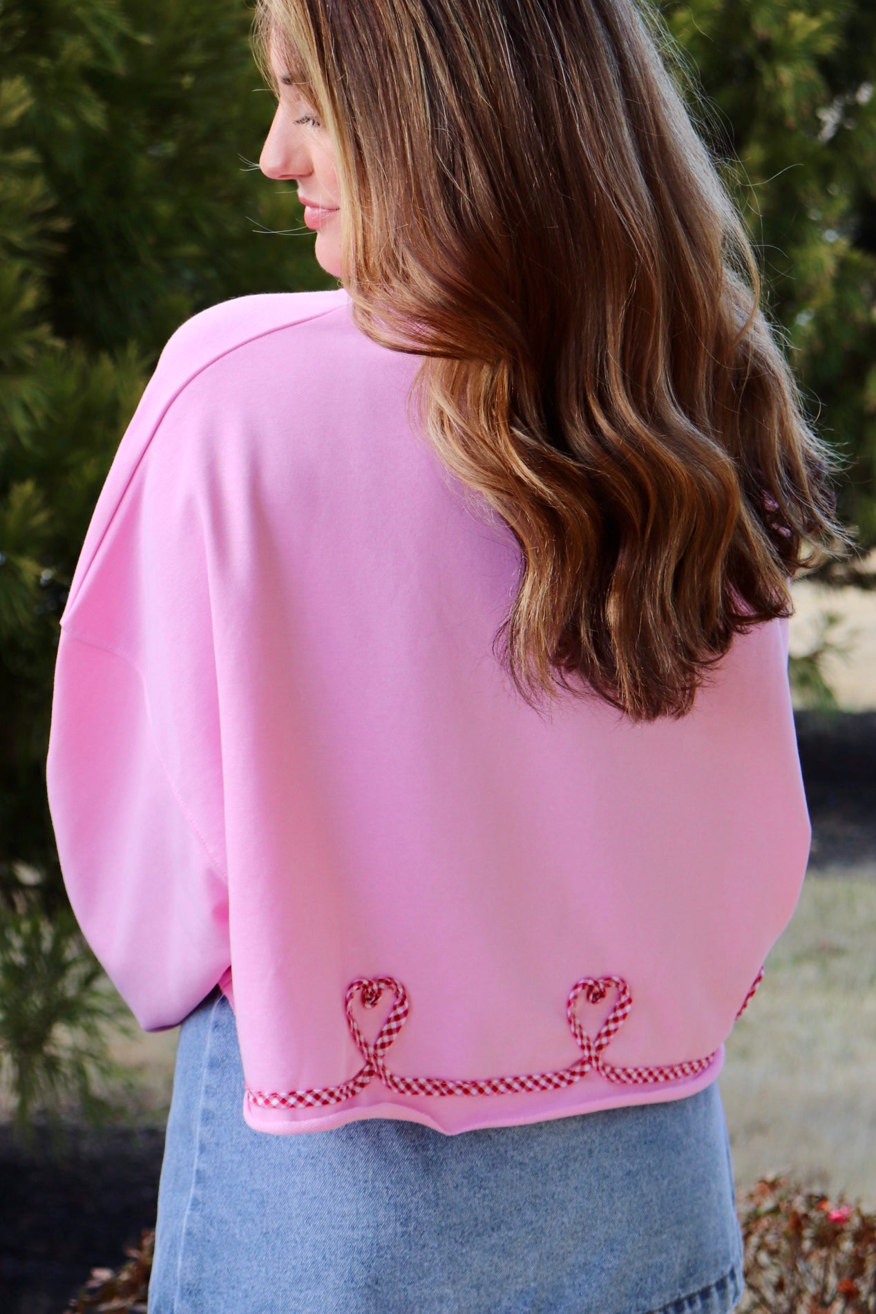 Pink Pullover with Gingham Heart ribbon design