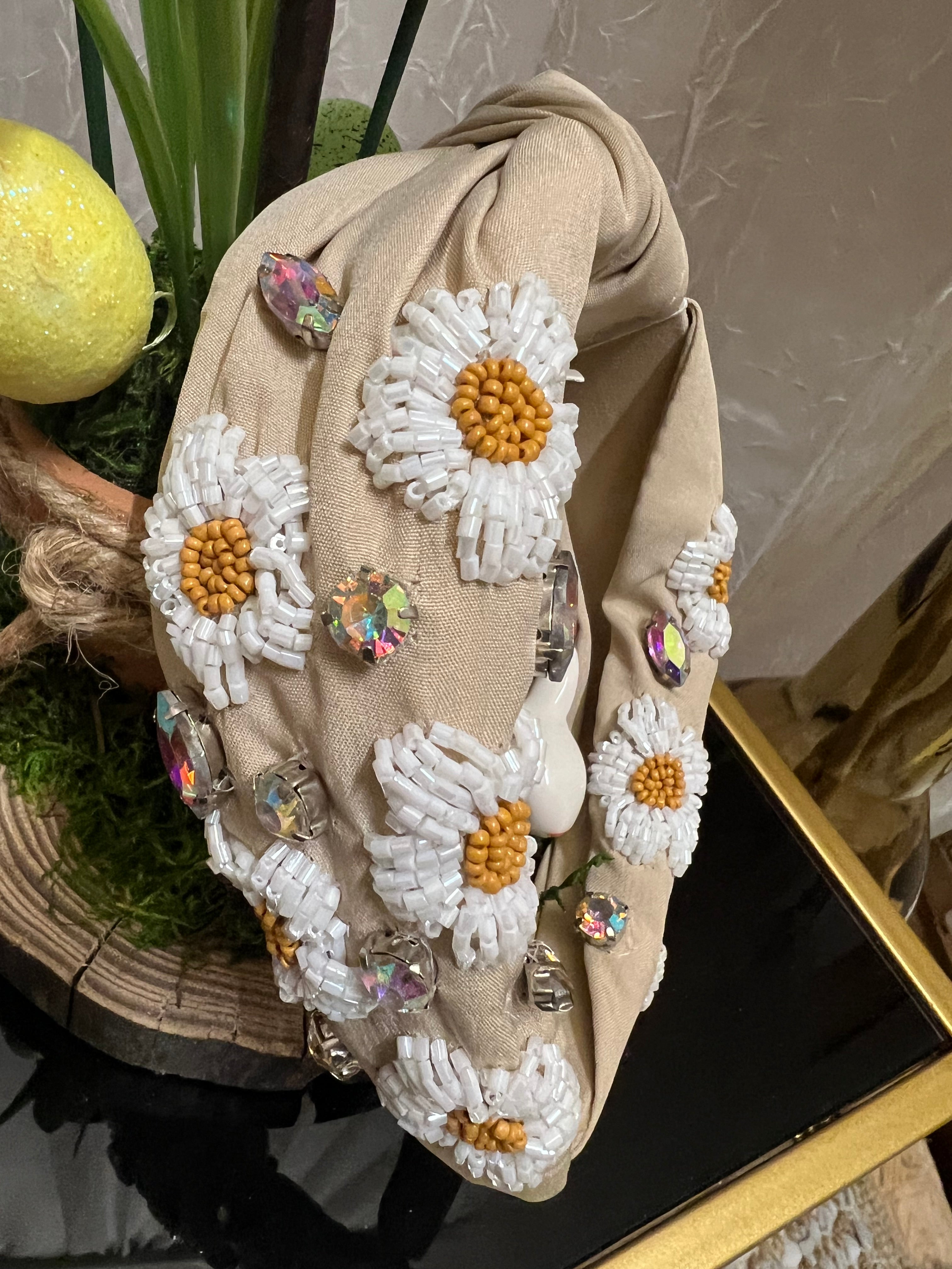 taupe daisy seed bead headband