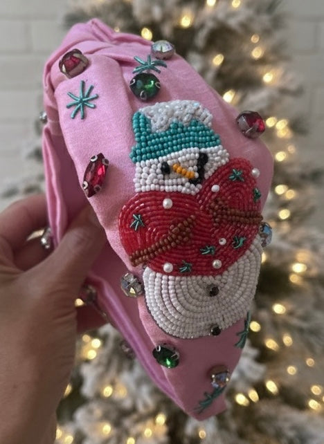 Pink headband with Snowman Seed Bead design