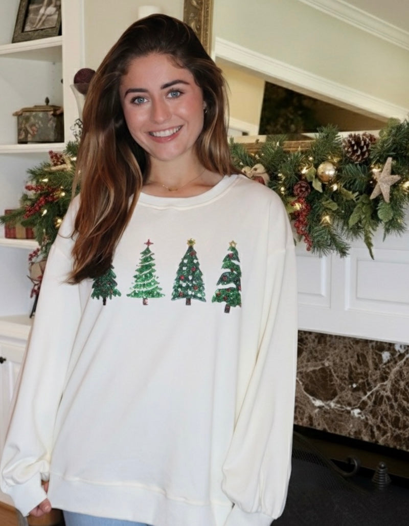 Cream sweatshirt with Green Sequin Christmas Trees