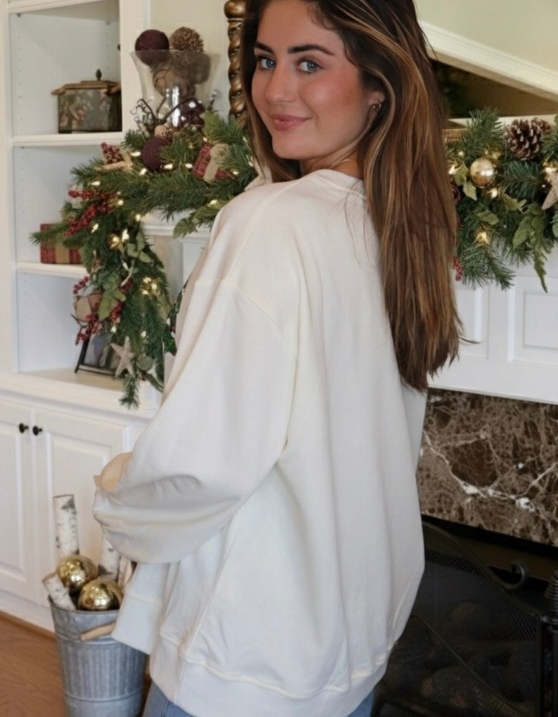 Cream sweatshirt with Green Sequin Christmas Trees