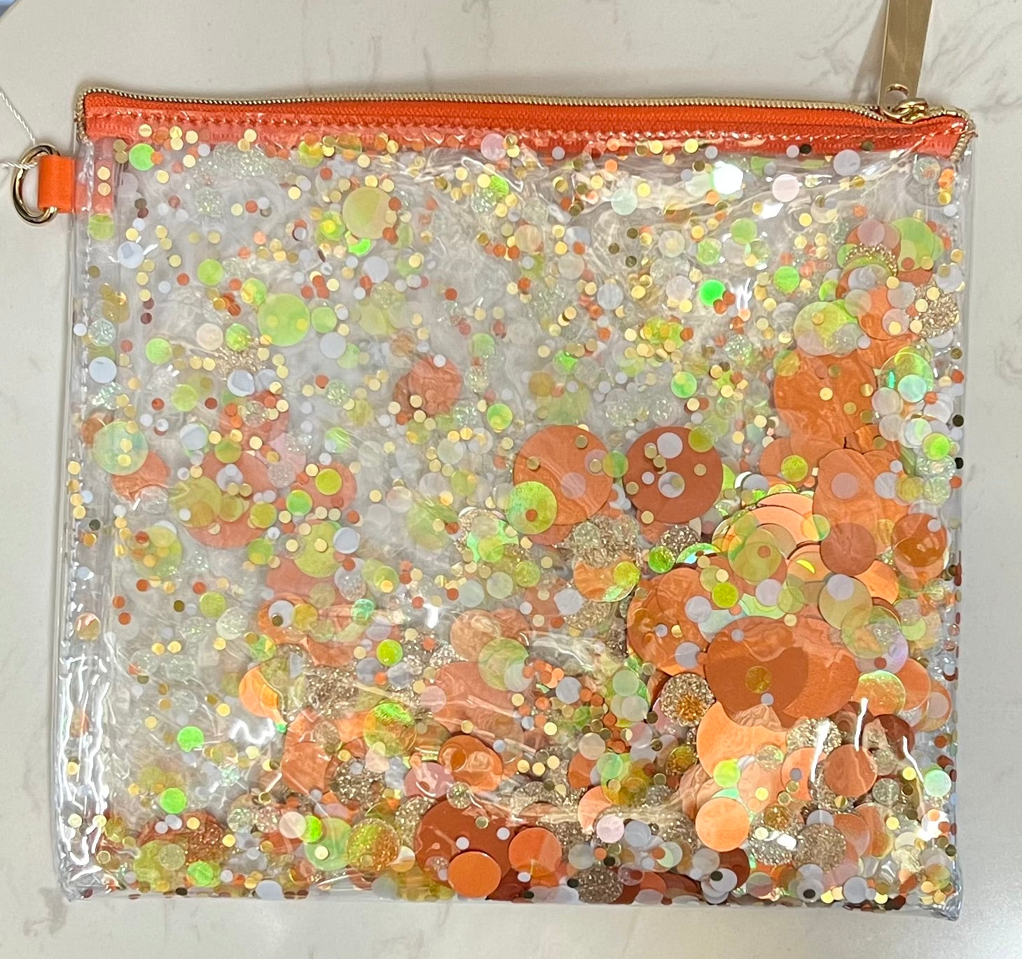 orange clear bags filled with confetti
