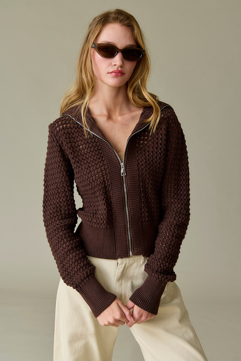 "Mila" Front Zip chocolate brown Knit Cardigan