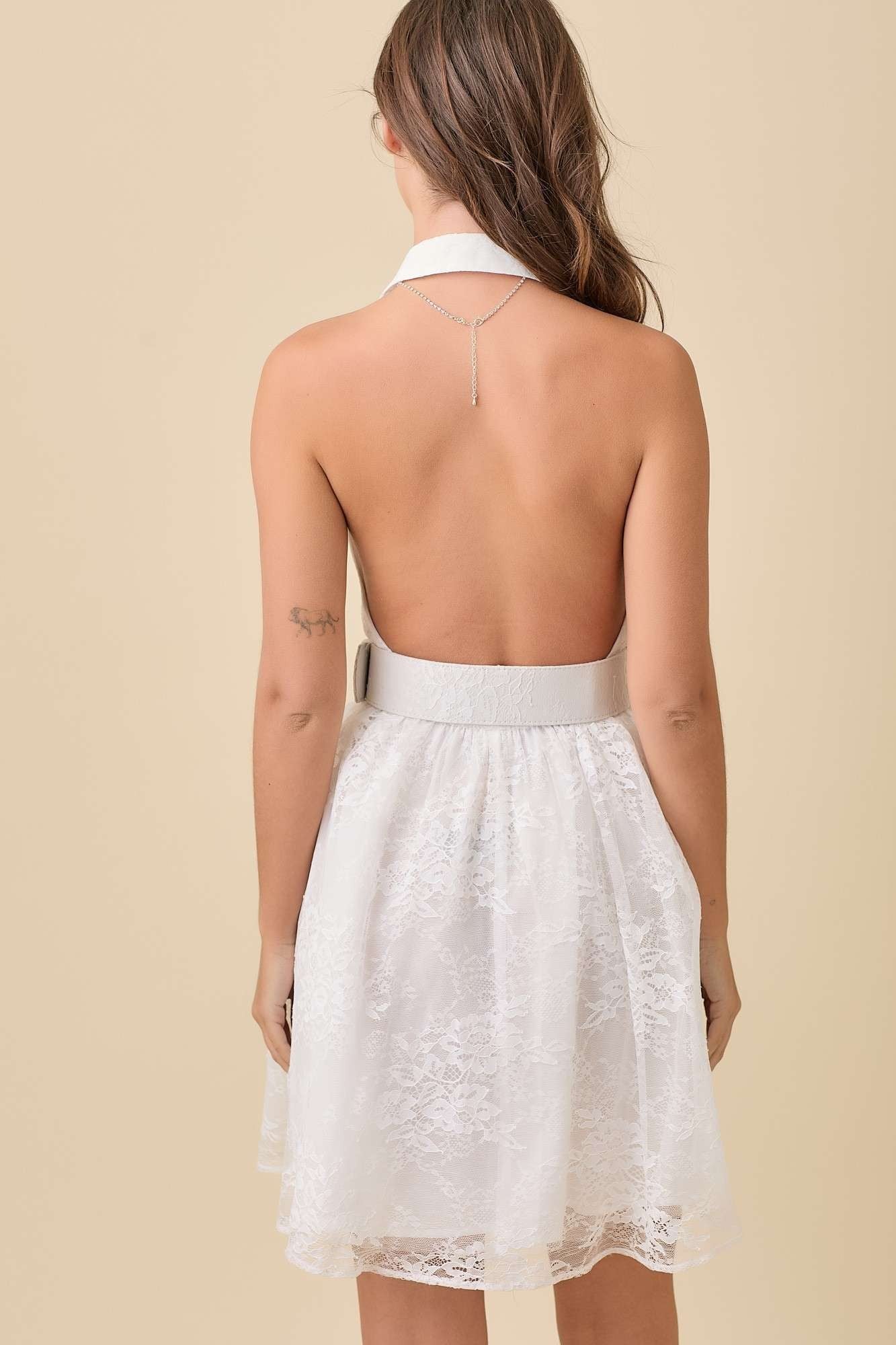 White Lace Halter Tuxedo Belted Dress