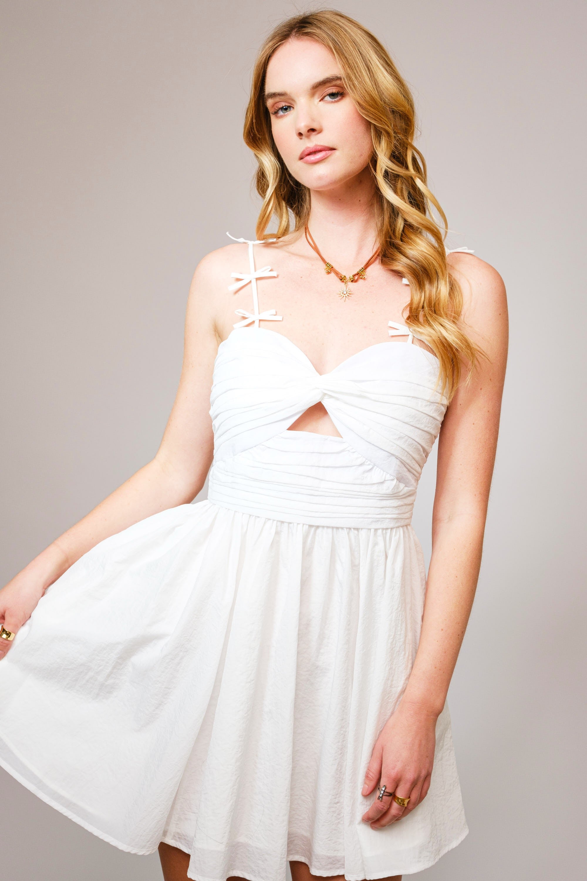 White Bow-Detail Mini Dress