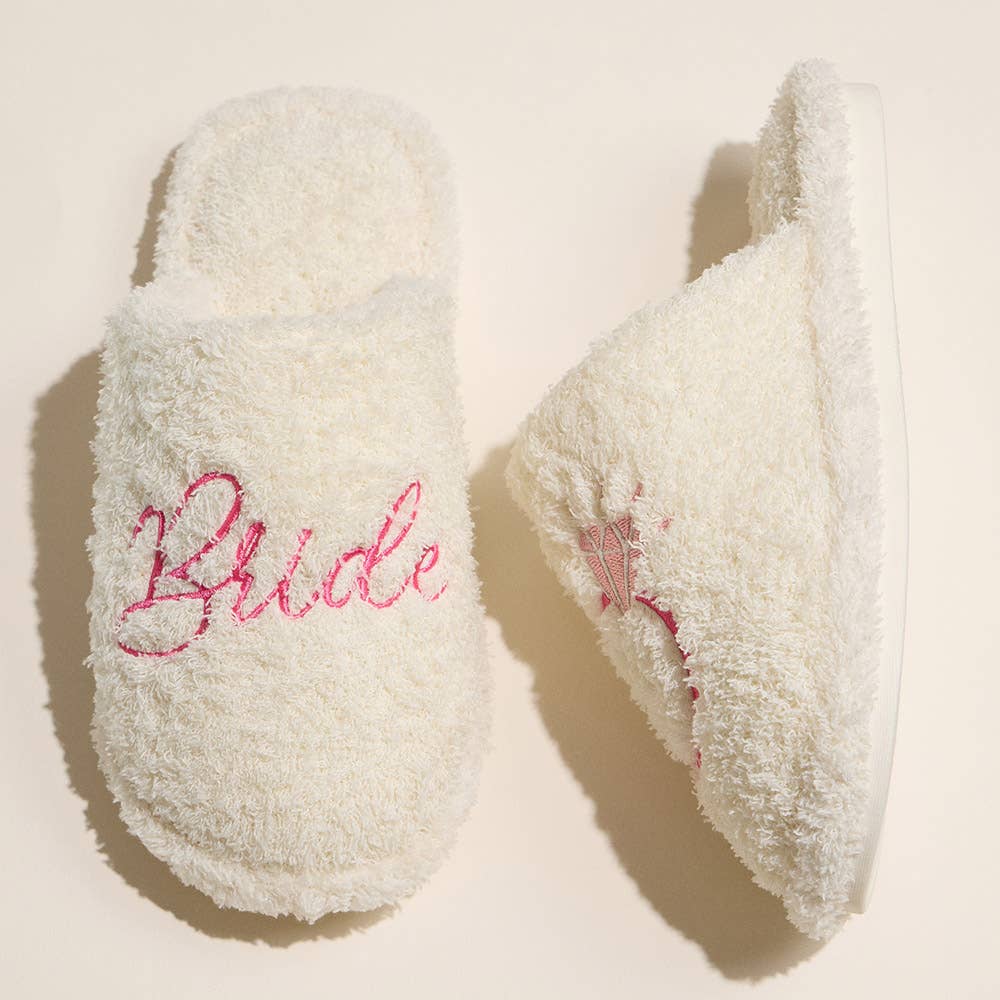 White and Pink Bride & Ring Embroidered Slippers