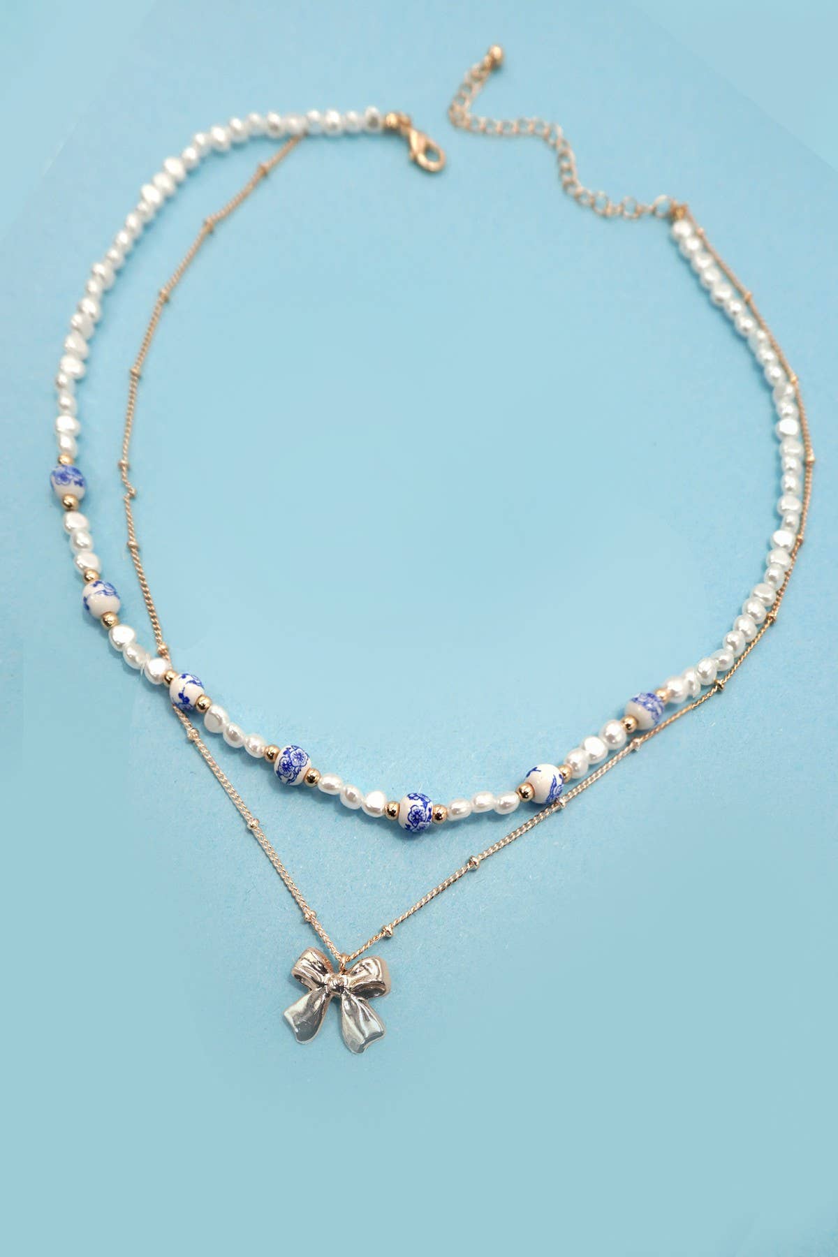 Blue Chinoiserie Pearl Bow Necklace