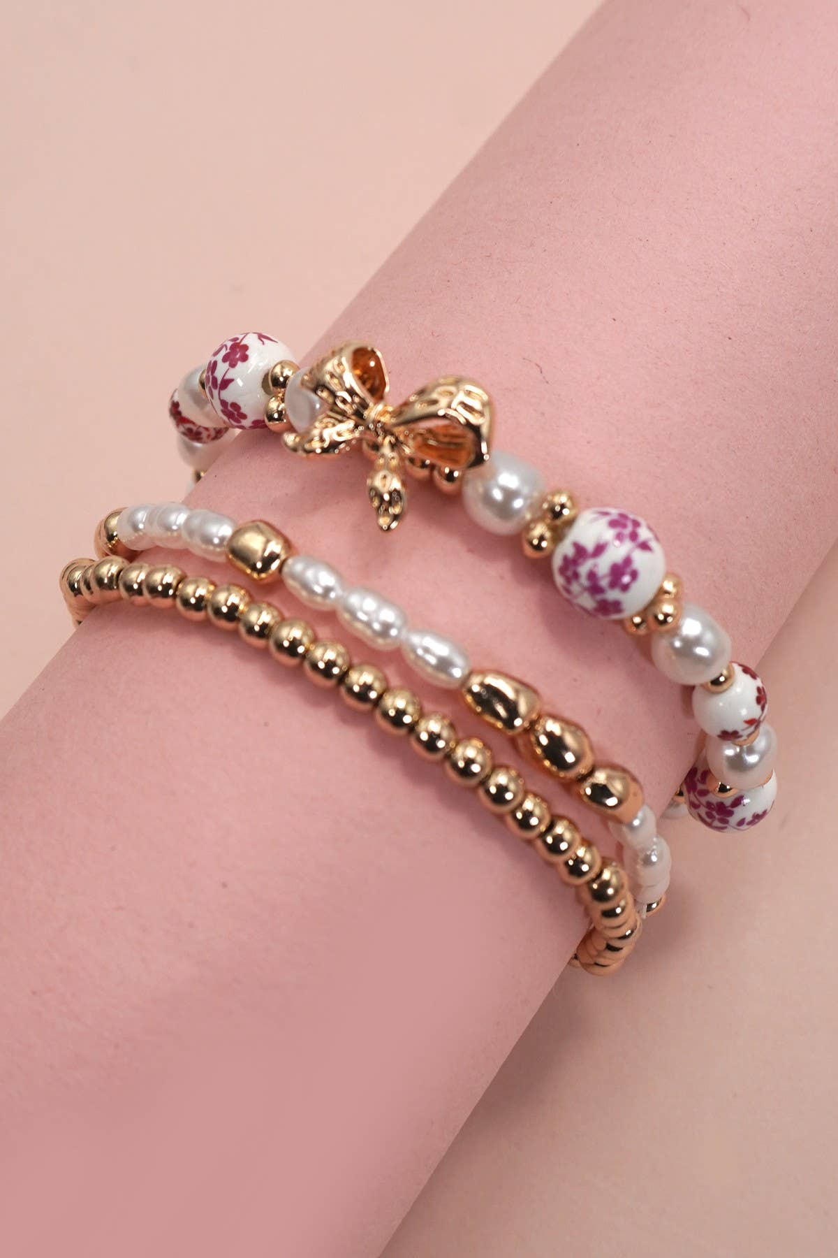 Pink Chinoiserie Bow Multi-Layer Bracelet |