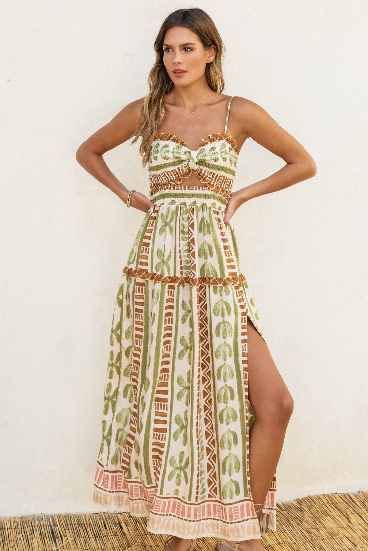 Green & Cream Bahamas Cutout Smocked Maxi Dress