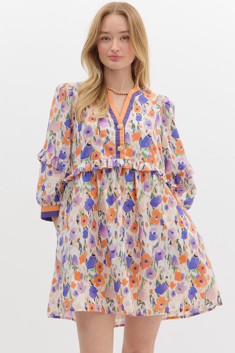 Orange & Purple Floral 3/4 Sleeve Dress