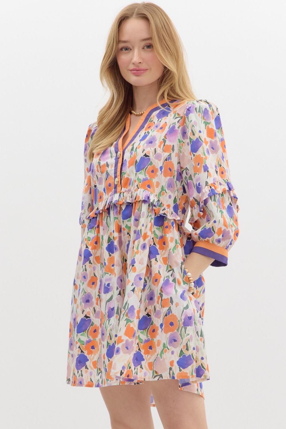 Orange & Purple Floral 3/4 Sleeve Dress