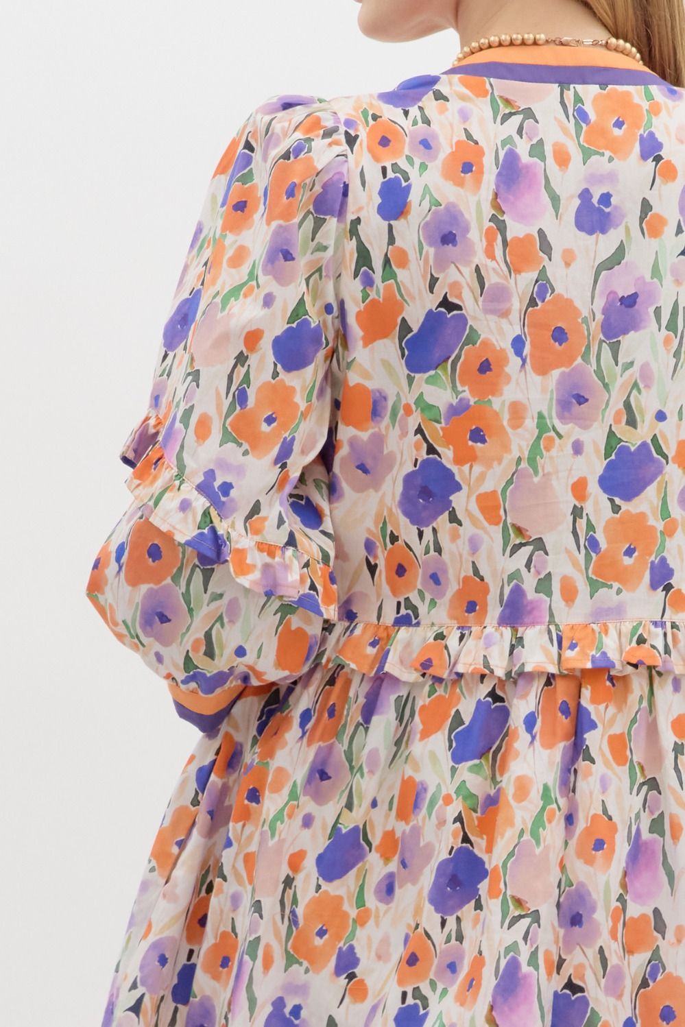 Orange & Purple Floral 3/4 Sleeve Dress