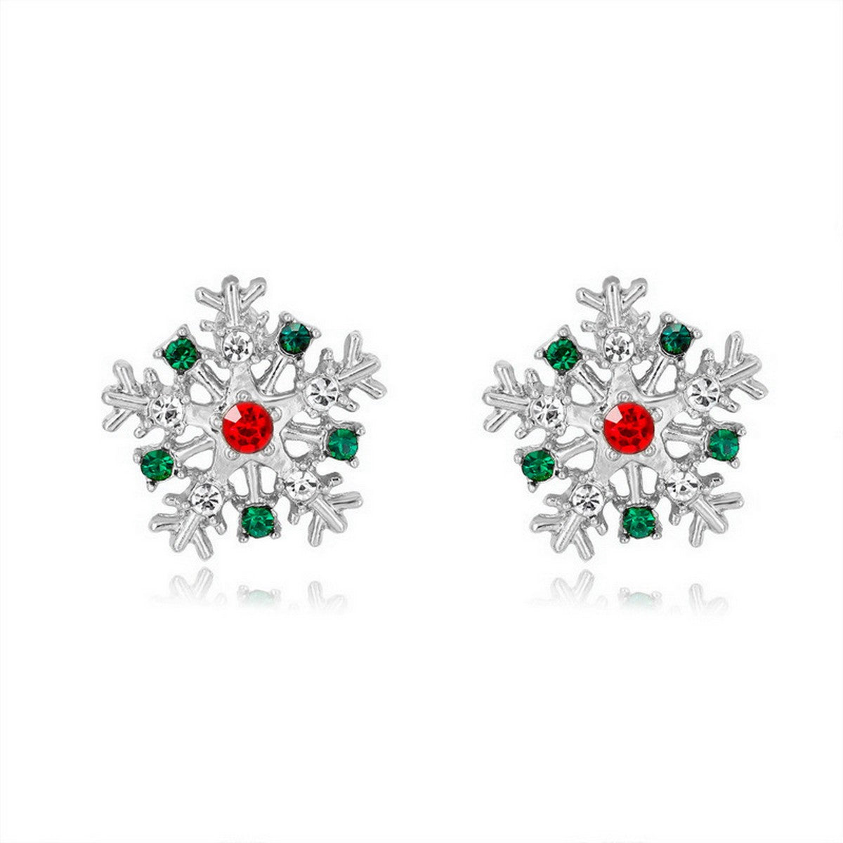 silver snowflake earrings with red and green stones