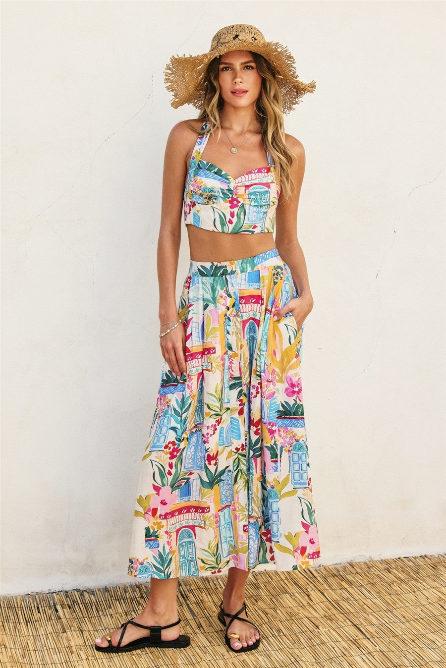 Multi-Color Mediterranean Print Halter crop top skirt set