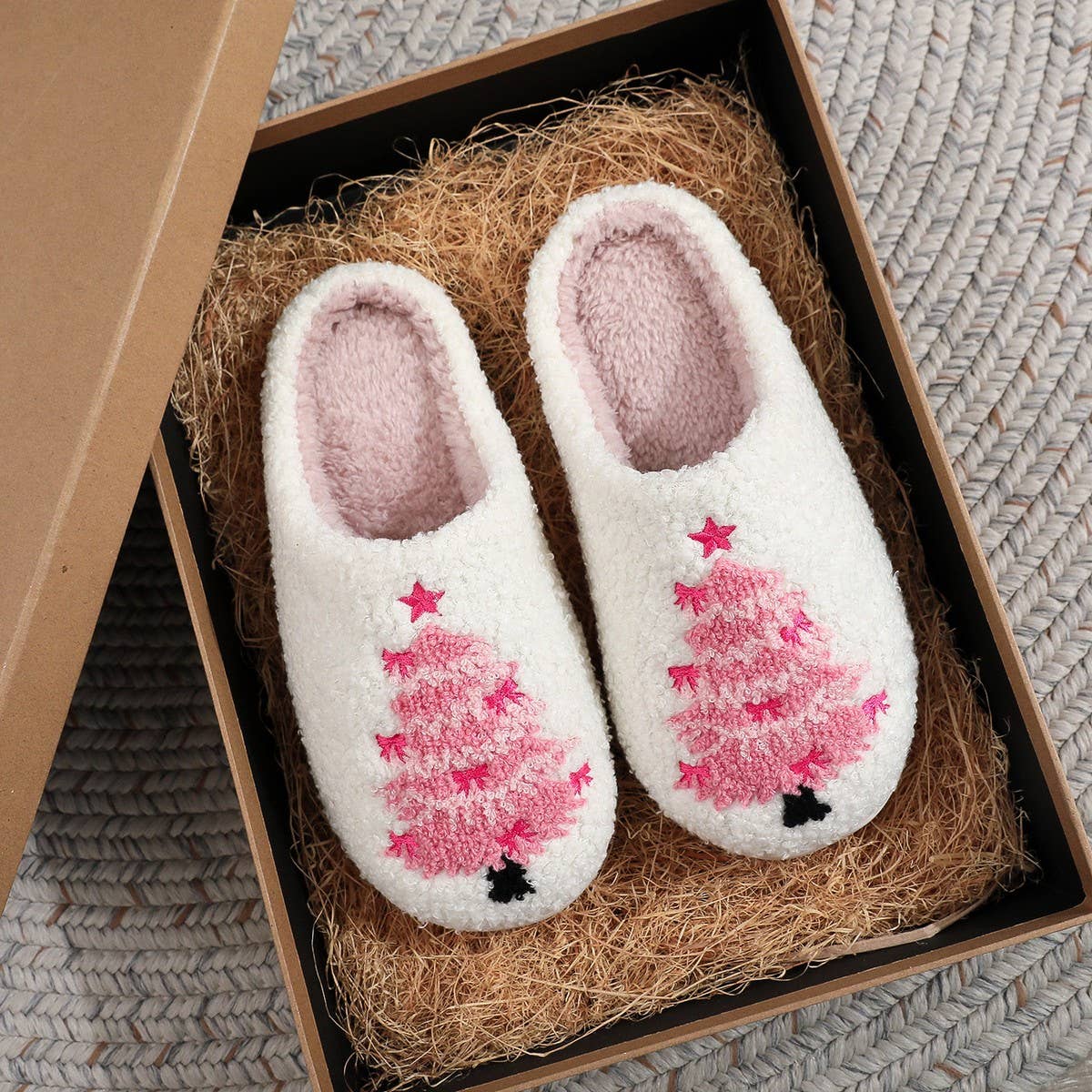 White slippers with Pink Christmas Trees