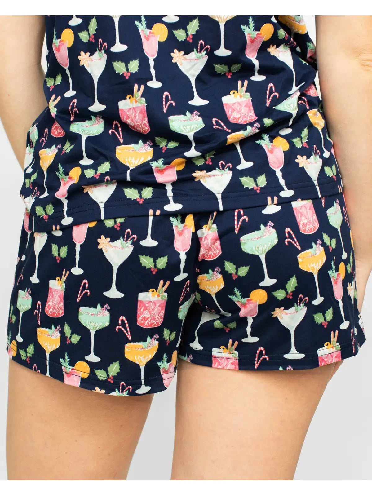 Navy "Fizz the Season" Short Sleeve/Short PJ Set with Christmas cocktails printed