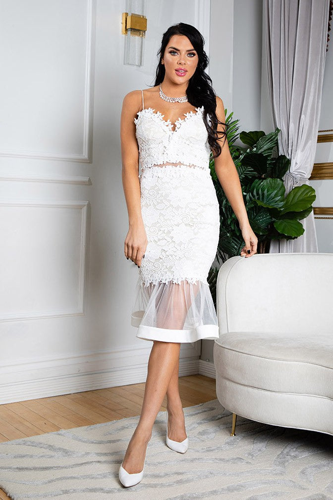 White Lace & Tulle Midi Dress