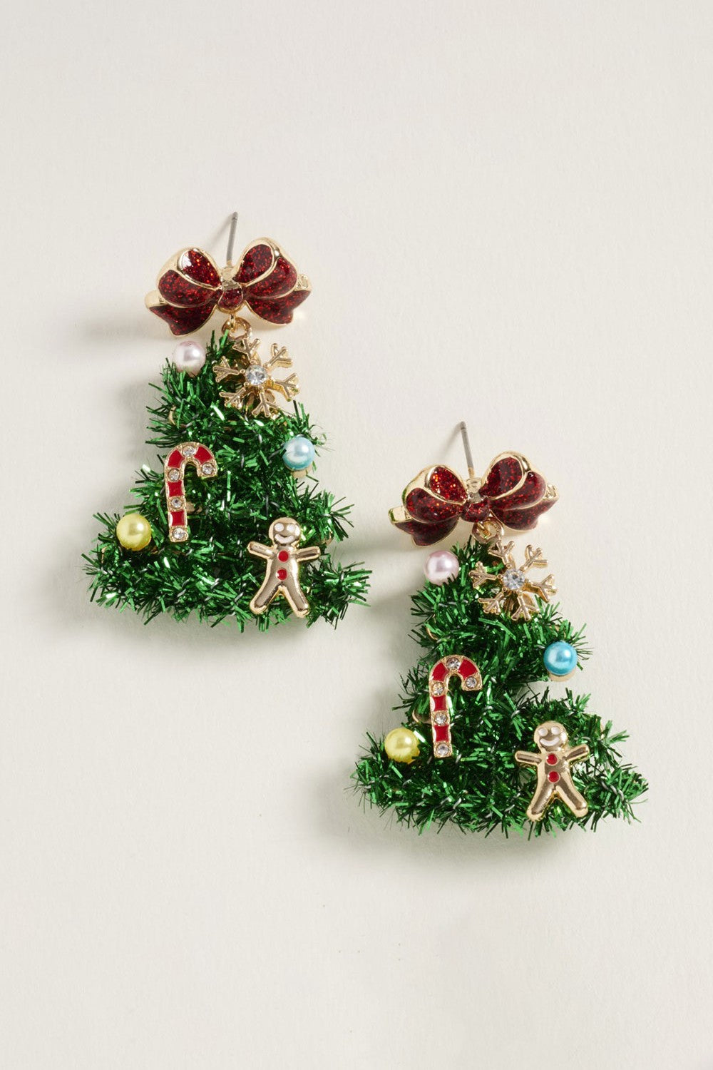 Bow Top Green Tinsel Christmas Tree Earrings