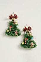 Bow Top Green Tinsel Christmas Tree Earrings