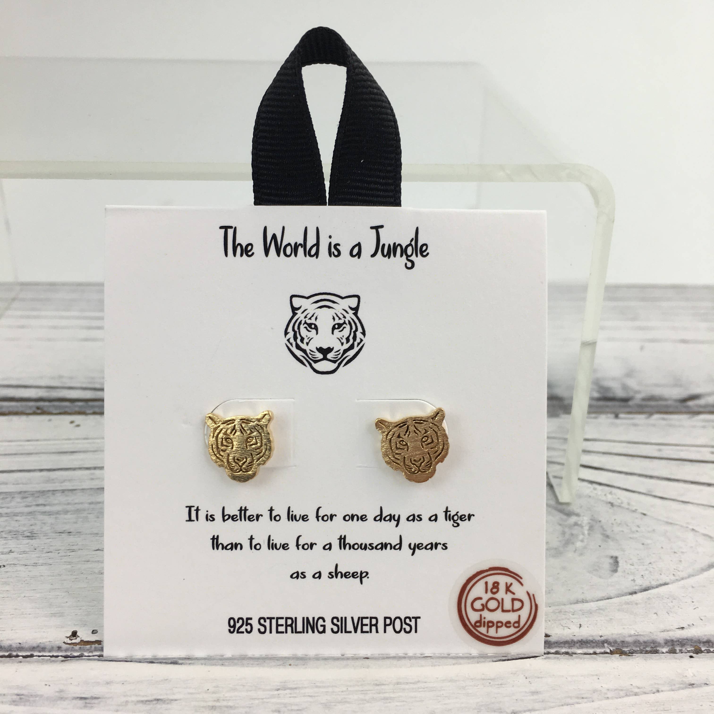Tiger Head Gold Post Earrings