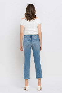 High rise waist, stretch, distressed, frayed hem, cropped length, slim fit, straight leg jeans 