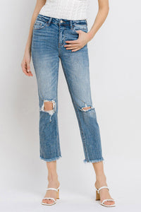 High rise waist, stretch, distressed,, frayed hem, cropped length, slim fit, straight leg jeans 