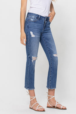 mid ride cropped slim straight jeans with distressing