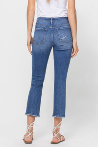 mid ride cropped slim straight jeans with distressing