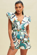 Load image into Gallery viewer, Abstract puff sleeve romper. plunging neck. open back. variety of green colors
