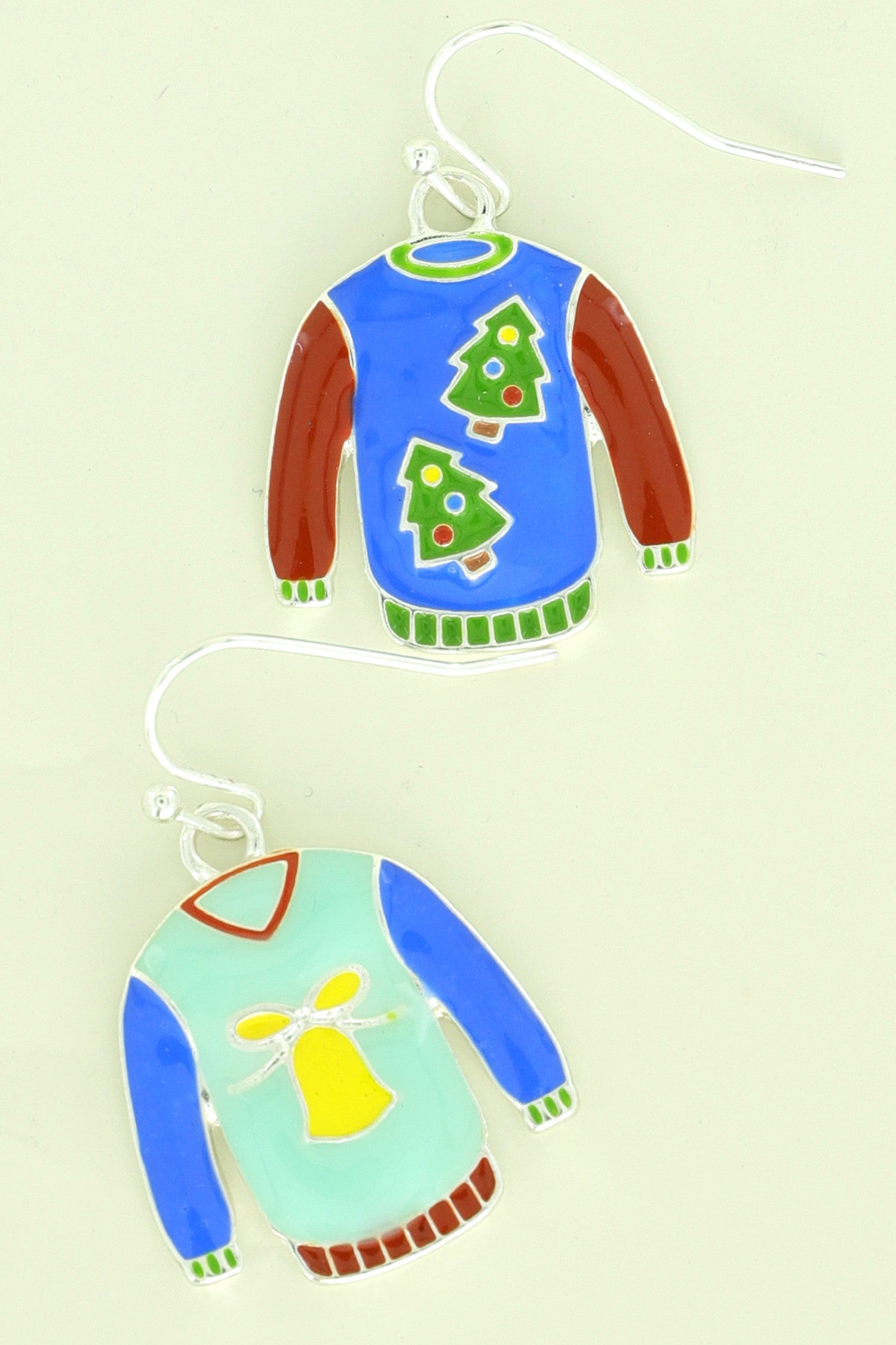 Blue, red, green & yellow Christmas ugly sweater earrings