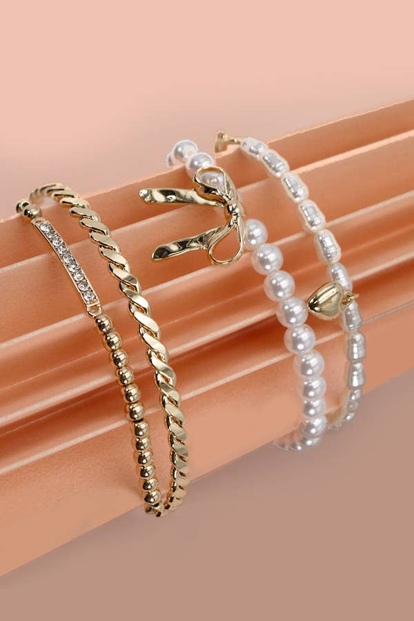 Pearl and Gold Bow Bracelet Stack