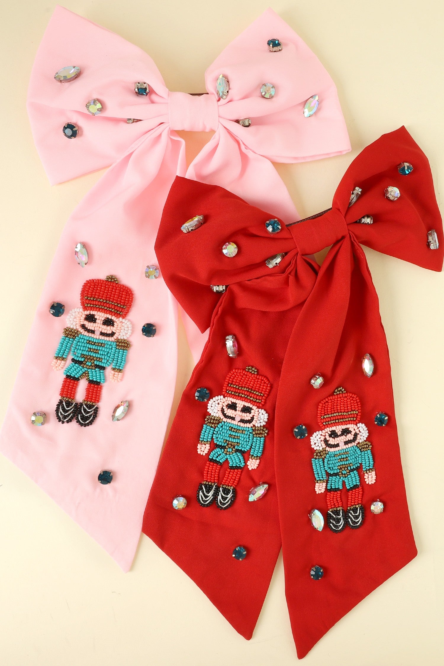 red and pink Nutcracker Seed Bead Hair bows