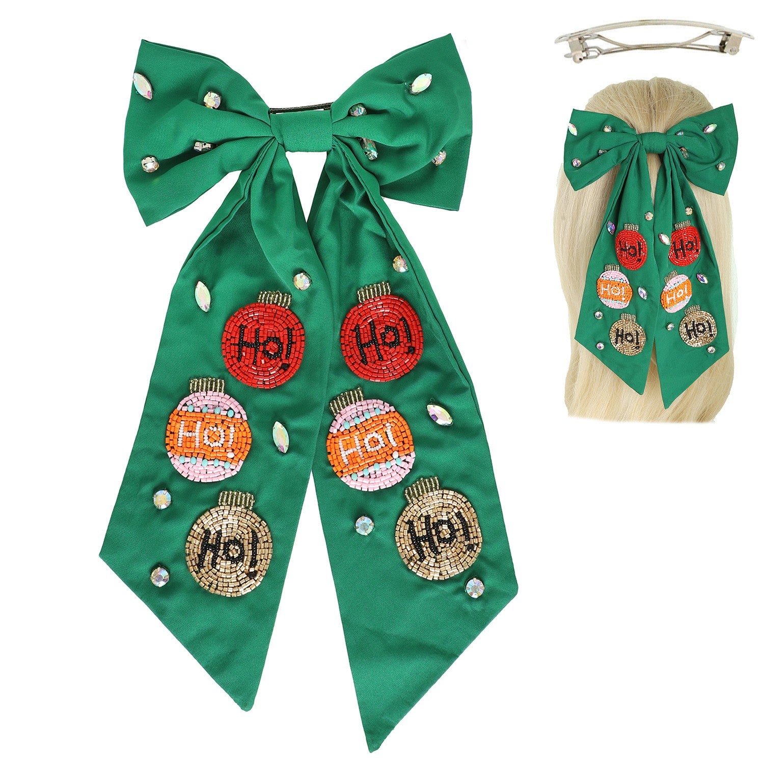 Green Ho Ho Ho Seed Bead Hairbow