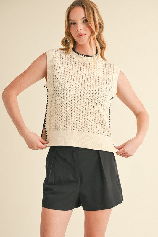 Cream/Black Trim Sweater Vest