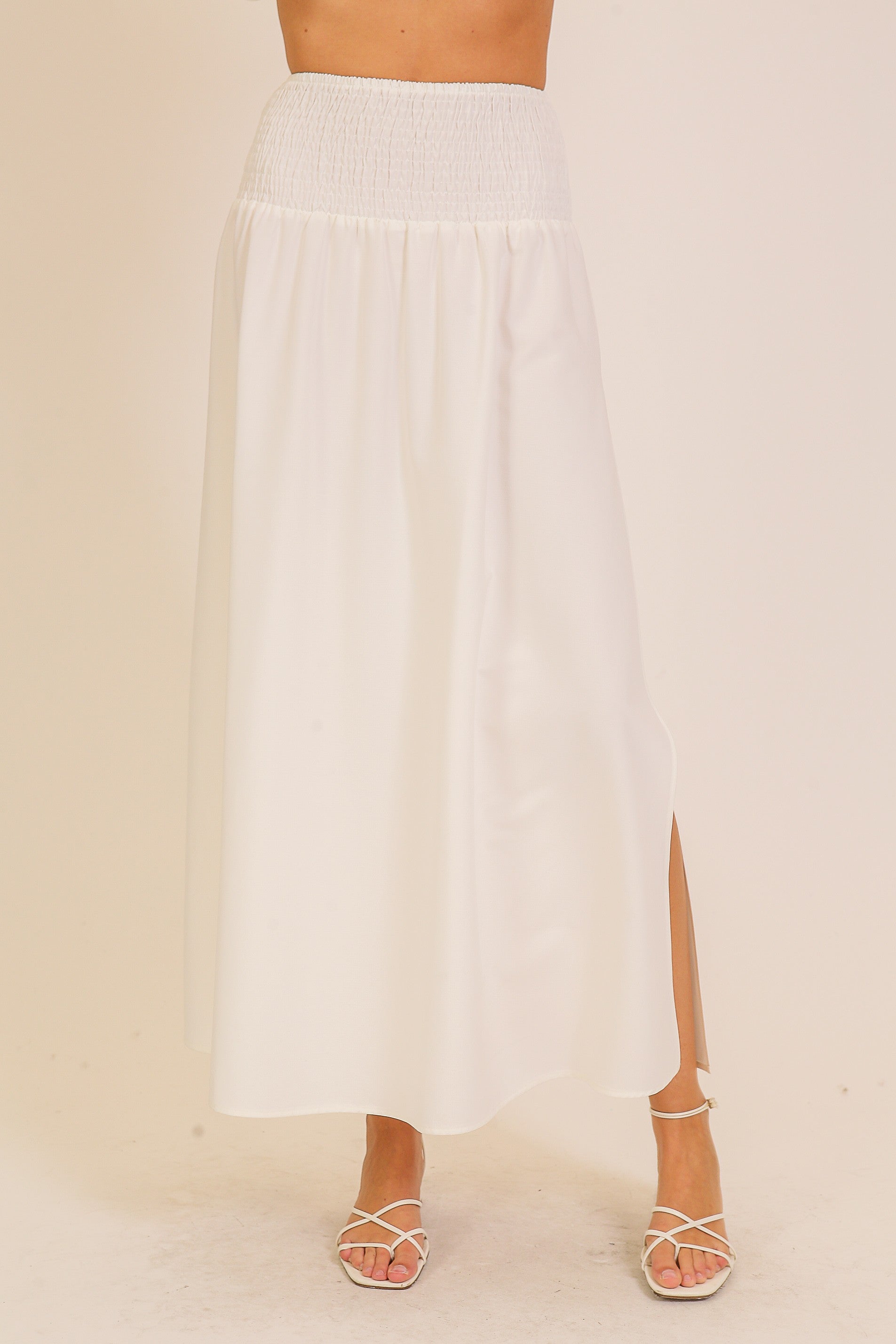 White Smock-Waisted Maxi Skirt with Slit