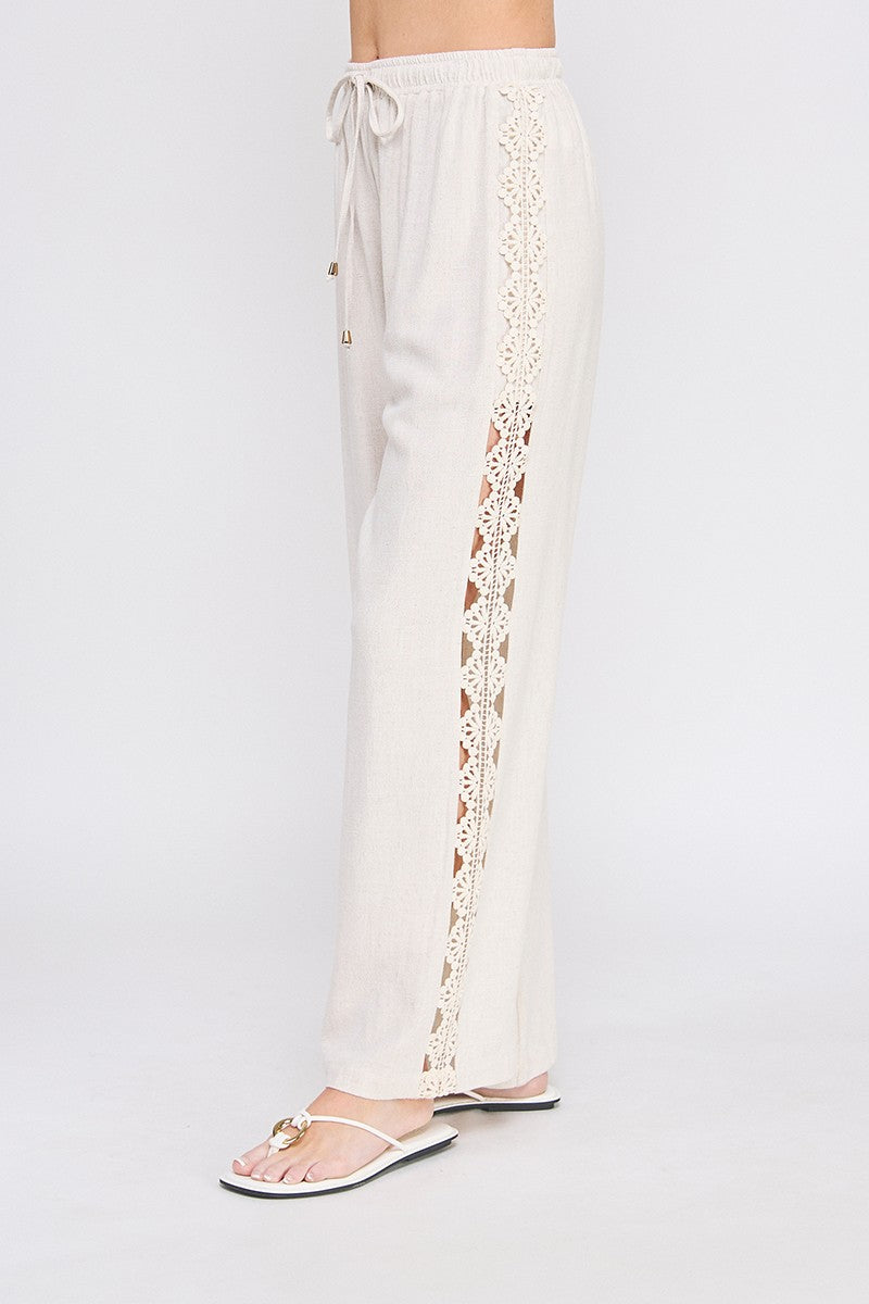 Oatmeal Lace Trim Wide-Leg Linen-Blend Pants
