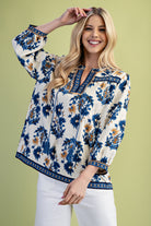 Blue & Mustard Floral Fall Print 3/4 Sleeve Blouse